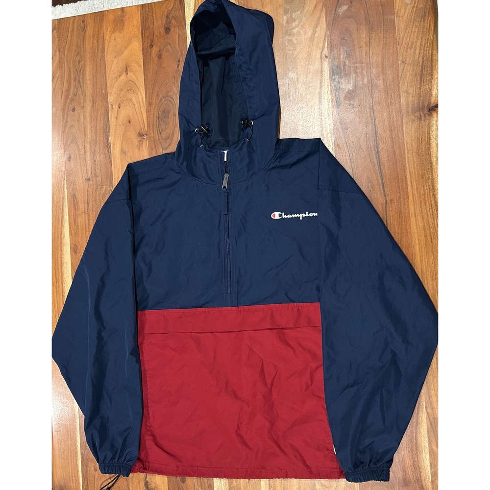 Champion Mens Packable Anorak Windbreaker Navy Red Colorblock Quarter Zip Large